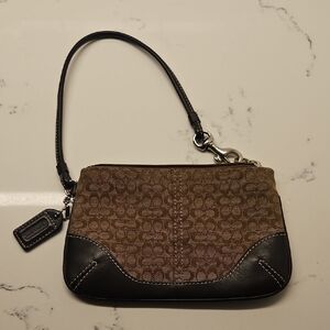 Coach Brown Signature Canvas Wristlet with Black Leather Trim